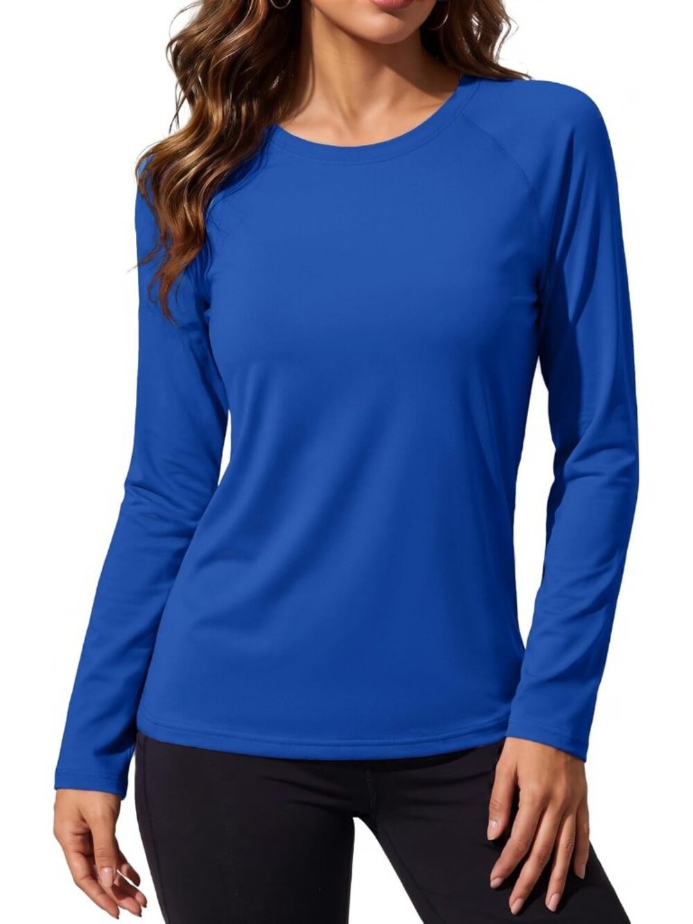 Women's Blue Long Sleeve Crew Neck Warm Undershirts Casual Tops Shirts